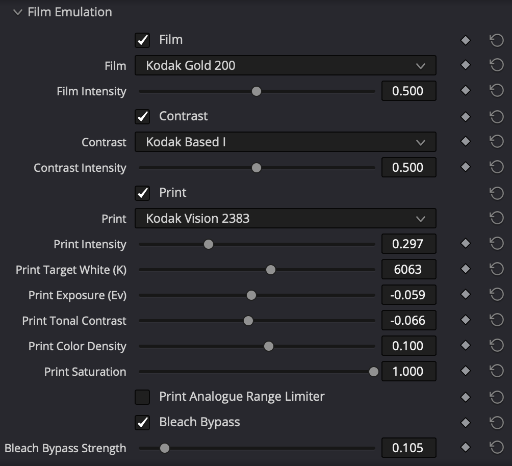 Film Emulation controls in macunfilm for DaVinci Resolve